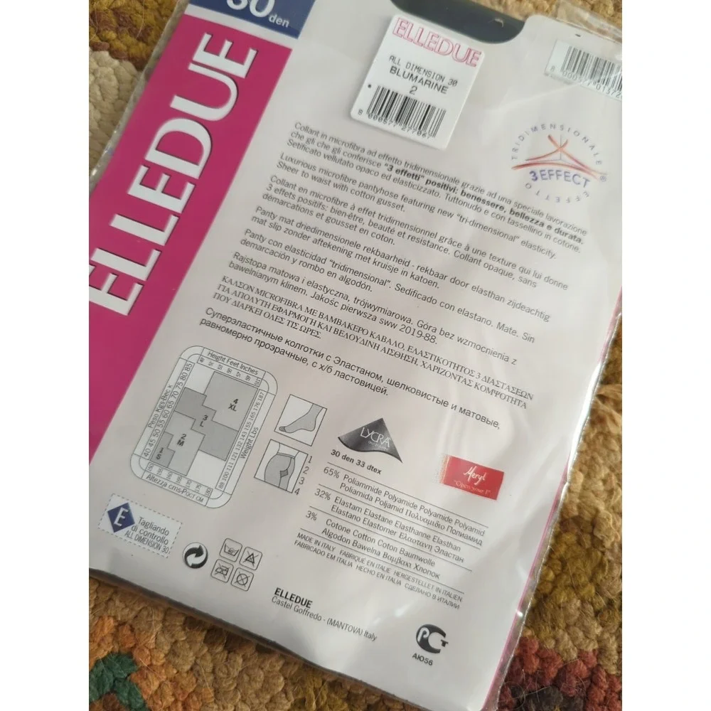 New ELLEDUE 30 Denier Tri-Dimensional Elasticity Pantyhose BluMarine Blue Size 2